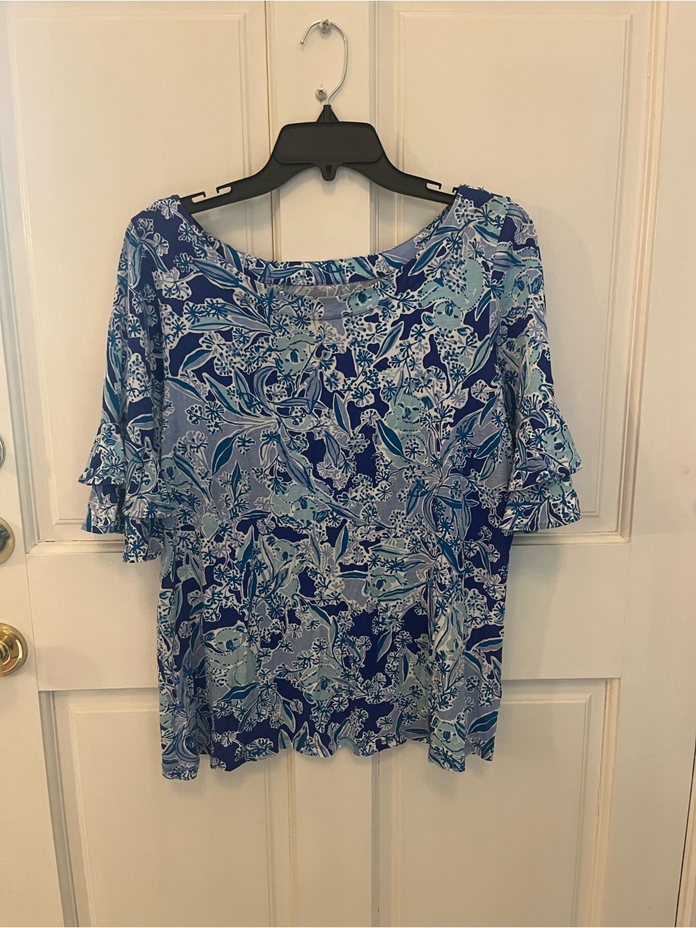 Lilly Pulitzer Blue Floral Tiered-Sleeve Blouse